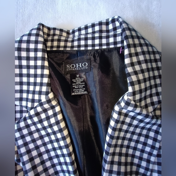 SOHO Apparel LTD white black checkered gingham blazer bow 3/4 sleeve soft size M - Picture 3 of 5